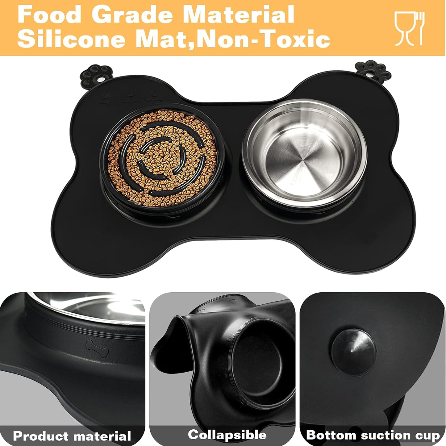 Dog Bowls Slow Feeder Bowl with Non-Spill and Slip Waterproof Silicone Mat Food and Stainless Steel Water Bowl Non-Toxic No Choking Healthy Maze Bowl for Medium and Large Dogs,Black,Large Size