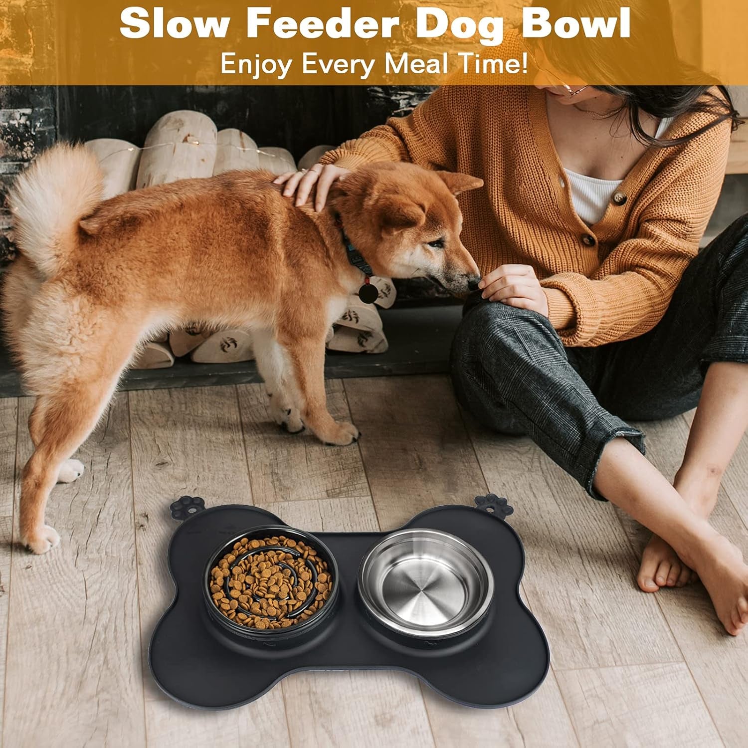 Dog Bowls Slow Feeder Bowl with Non-Spill and Slip Waterproof Silicone Mat Food and Stainless Steel Water Bowl Non-Toxic No Choking Healthy Maze Bowl for Medium and Large Dogs,Black,Large Size
