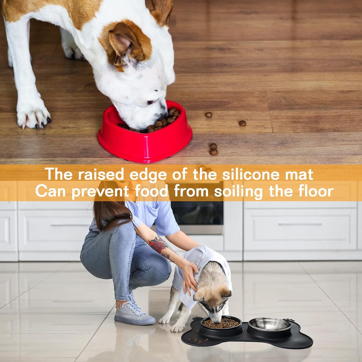 Dog Bowls Slow Feeder Bowl with Non-Spill and Slip Waterproof Silicone Mat Food and Stainless Steel Water Bowl Non-Toxic No Choking Healthy Maze Bowl for Medium and Large Dogs,Black,Large Size