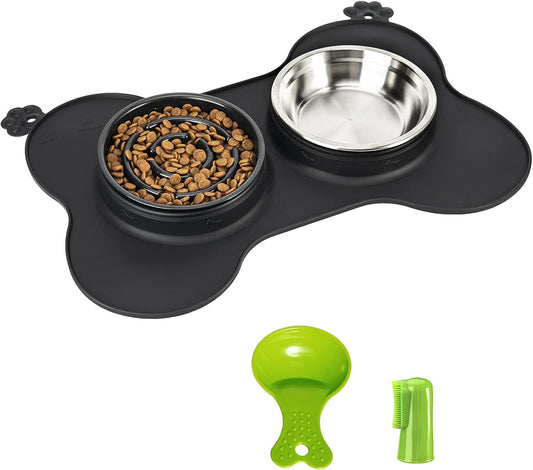 Dog Bowls Slow Feeder Bowl with Non-Spill and Slip Waterproof Silicone Mat Food and Stainless Steel Water Bowl Non-Toxic No Choking Healthy Maze Bowl for Medium and Large Dogs,Black,Large Size